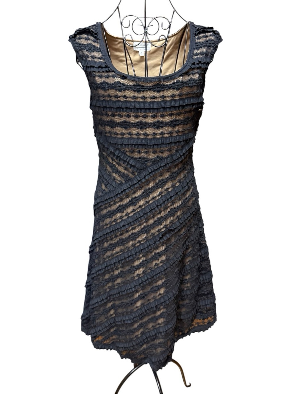 Sleeveless Lace-Striped Cotton Blend A-Line Dress in Black and Nude